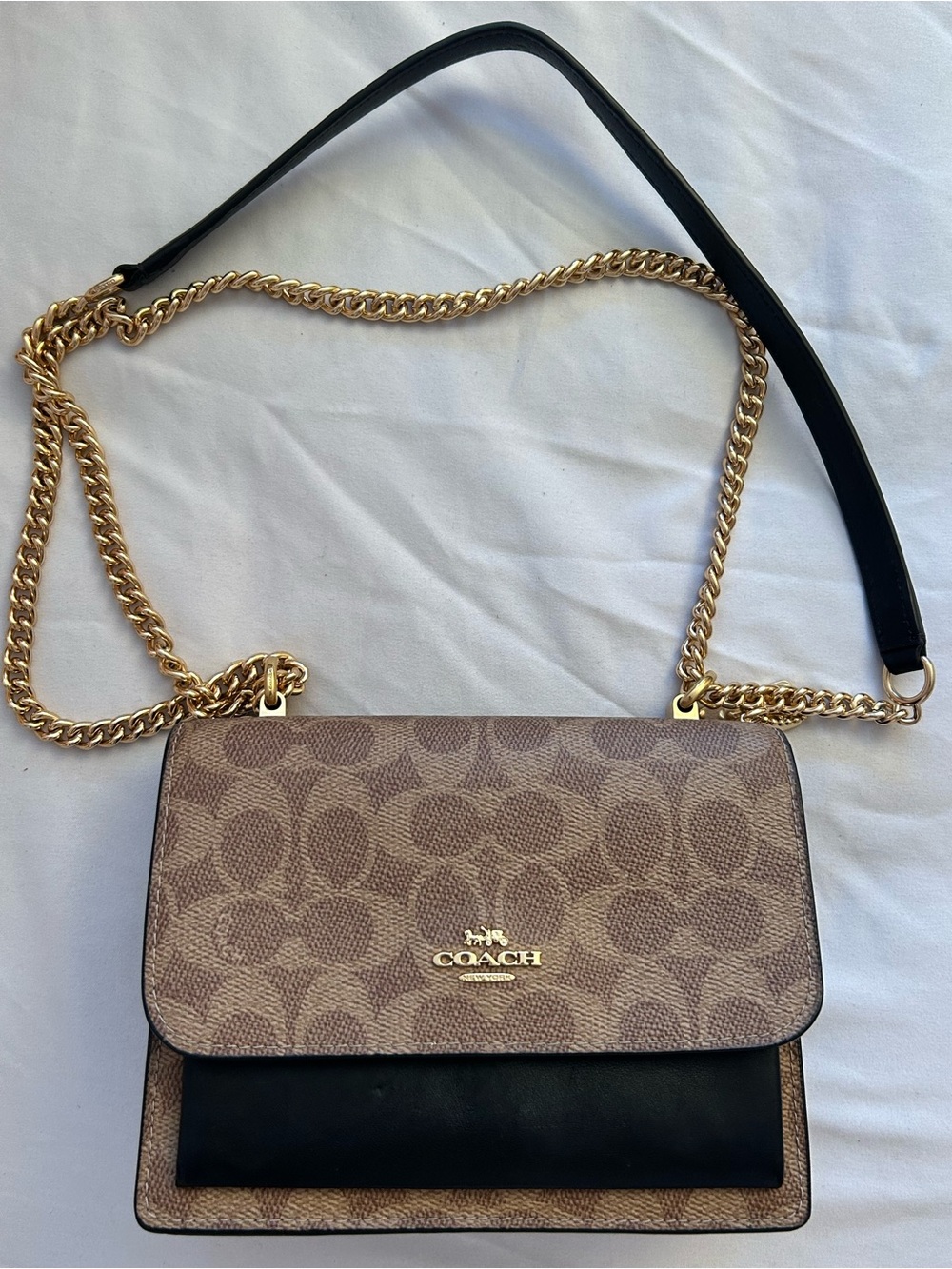 Coach Khaki Signature Canvas and Black Leather Chain Crossbody